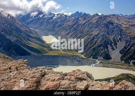 View through the Hooker Valley from Mt Ollivier Stock Photo