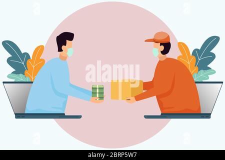 E-commerce Human shopping online concept on computer from screen . People exchanging goods and money on computers. Delivery at home concept. Social di Stock Vector
