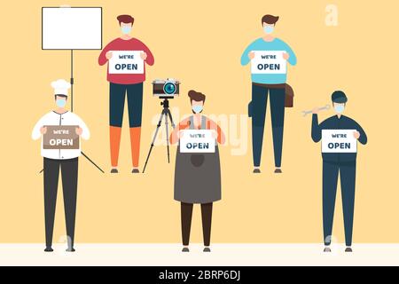 Entrepreneur wearing face mask protect for covid-19 coronavirus holding label text "WE'RE OPEN, PLEASE WEARING MASK". Man and Woman protect coronaviru Stock Vector