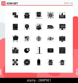 Group of 25 Modern Solid Glyphs Set for line, box, advertising, archive, commercial Editable Vector Design Elements Stock Vector