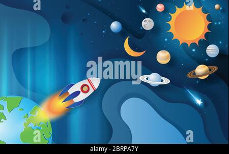Paper art and craft of Rocket flying with Space galaxy on Abstract Curve shape blue sky background,start up concept,vector.illustration Stock Vector