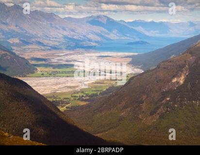Looking down the Dart River to Glenorchy and Lake Wakatipu from Sugarloaf Pass (1154m),Otago, South Island, New Zealand Stock Photo