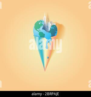 Paper art and craft of Earth Ice Cream Cone new york city Save. The world Environment Poster Concept. Planet on yellow background.use pastel color ton Stock Vector