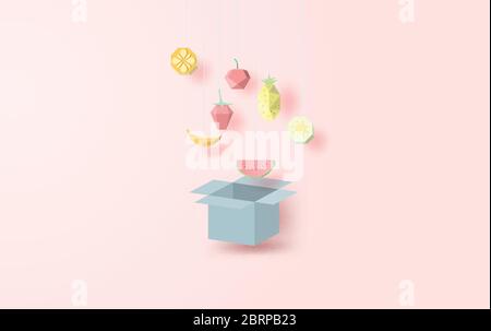 illustration of Many fruit colorful Hang on the box open the lid.Collection geometric polygonal 3d paper art style fruits,triangles,apple,Banana, oran Stock Vector