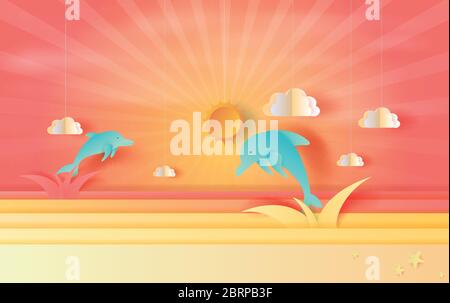 illustration of seascape view with jumping dolphin and clouds at sunset beautiful.Summertime season background with color orange-red pastel tone.3D Pa Stock Vector