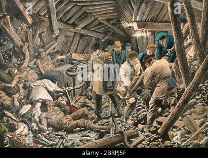 Courrières mine disaster, the tenth march 1906, in the towns of Billy-Montigny, Sallaumines, Méricourt and Noyelles-sous-Lens. Courrieres disaster - Rescuers discover a heap of corpses Stock Photo