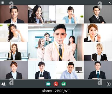 screenshot of  smiling business group online brainstorm on video conference Stock Photo