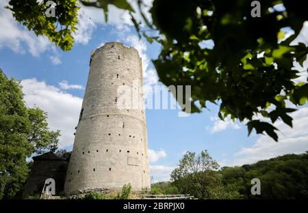 15 May 2020, Saxony-Anhalt, Bad Kösen: View of the Saaleck Castle. The castle ruins and the neighbouring Rudelsburg, picturesquely situated above the river Saale, are popular excursion destinations in Saxony-Anhalt. Photo: Jan Woitas/dpa-Zentralbild/ZB Stock Photo