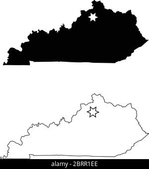 Kentucky KY state Map USA with Capital City Star at Frankfort. Black silhouette and outline isolated on a white background. EPS Vector Stock Vector