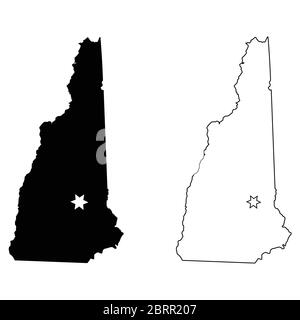 New Hampshire NH state Map USA with Capital City Star at Concord. Black silhouette and outline isolated on a white background. EPS Vector Stock Vector