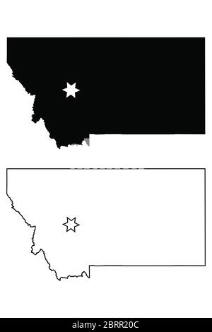 Montana MT state Map USA with Capital City Star at Helena. Black silhouette and outline isolated on a white background. EPS Vector Stock Vector