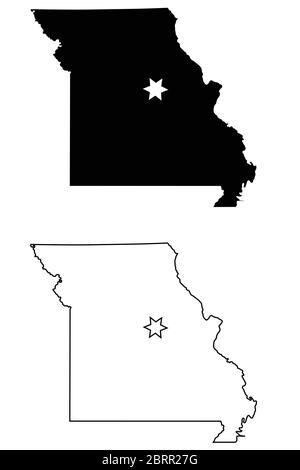 Missouri MO state Map USA with Capital City Star at Jefferson City. Black silhouette and outline isolated on a white background. EPS Vector Stock Vector
