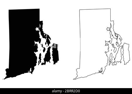 Rhode Island RI state Map USA with Capital City Star at Providence. Black silhouette and outline isolated on a white background. EPS Vector Stock Vector