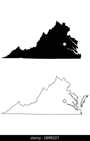 Virginia VA state Map USA with Capital City Star at Richmond. Black silhouette and outline isolated maps on a white background. EPS Vector Stock Vector