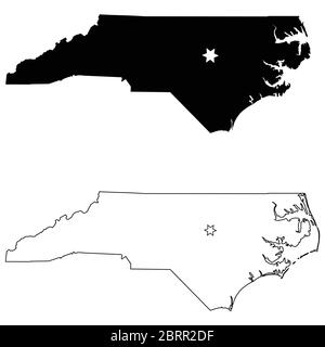 North Carolina NC state Map USA with Capital City Star at Raleigh. Black silhouette and outline isolated on a white background. EPS Vector Stock Vector