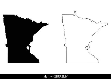Minnesota MN state Map USA with Capital City Star at Saint Paul. Black silhouette and outline isolated on a white background. EPS Vector Stock Vector