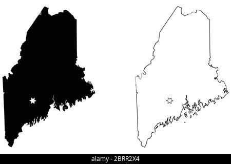 Maine ME state Map USA with Capital City Star at Augusta. Black silhouette and outline isolated on a white background. EPS Vector Stock Vector