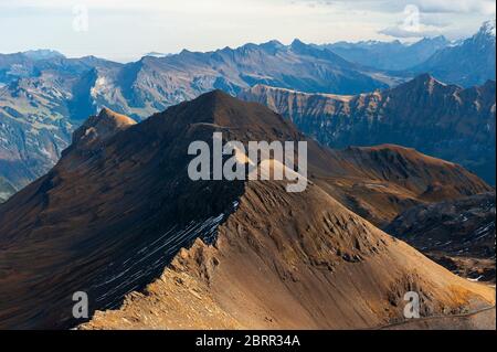 The Swiss Alps skyline seen from the Schilthorn, a summit in the Bernese Alps above the village of Murren in Lauterbrunnen, Switzerland Stock Photo