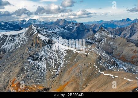 The Swiss Alps skyline seen from the Schilthorn, a summit in the Bernese Alps above the village of Murren in Lauterbrunnen, Switzerland Stock Photo