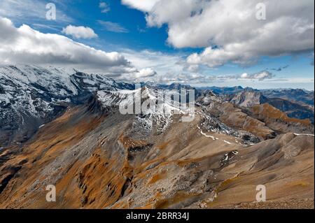 The Swiss Alps skyline seen from the Schilthorn, a summit in the Bernese Alps above the village of Murren in Lauterbrunnen, Switzerland Stock Photo