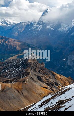 The Swiss Alps skyline seen from the Schilthorn, a summit in the Bernese Alps above the village of Murren in Lauterbrunnen, Switzerland Stock Photo