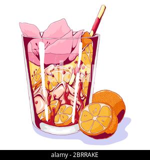 Tequila sunrise with orange fruits and tropical flower. Vector hand drawn illustration of popular beach cocktail isolated on white background.  Party, Stock Vector