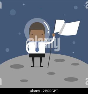 African businessman planting white flag on moon. Stock Vector