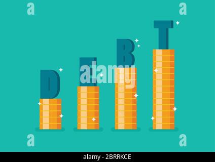 Word DEBT on step stack coins as graph up. Vector illustration Stock Vector