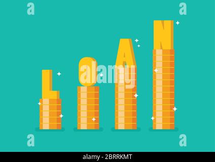 Word LOAN on step stack coins as graph up. Vector illustration Stock Vector