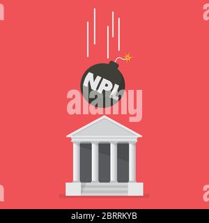 NPL text on the black bomb falling to bank building. Vector illustration Stock Vector