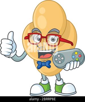 Cartoon mascot design of bordetella pertussis play a game with controller Stock Vector