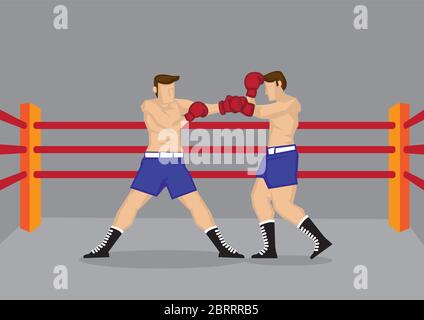 Vector cartoon illustration of two muscular barechested boxers wearing boxing gloves fighting in boxing ring. Stock Vector