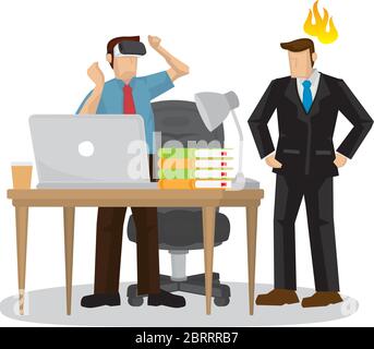 Businessman wearing virtual reality VR glasses while his boss is angry with him. Vector illustration. Stock Vector