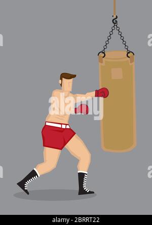 Vector illustration of a male beefcake boxer working out and training with a punchbag isolated on grey background. Stock Vector