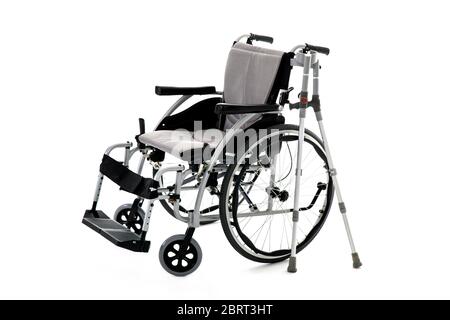 Black disability wheelchair crutch, Invalid chair, wheelchair and crutches isolated on White Background Stock Photo