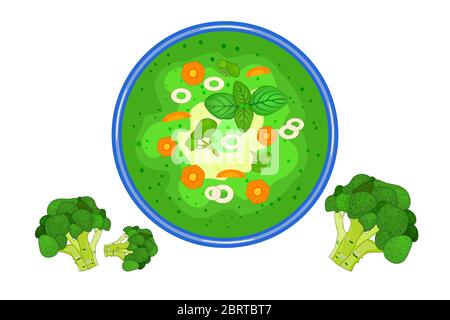 Broccoli soup isolated on white background. Hot cream broccoli soup in plate top view. Bowl with broccoli gazpacho and fresh broccoli branches. Vector Stock Vector