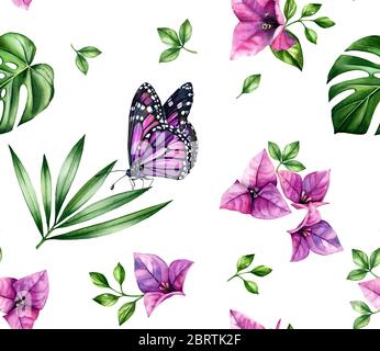 Watercolor floral seamless pattern. Pink bougainvillea tree flowers, butterflies, palm leaves isolate on white. Botanical hand drawn summer background Stock Photo