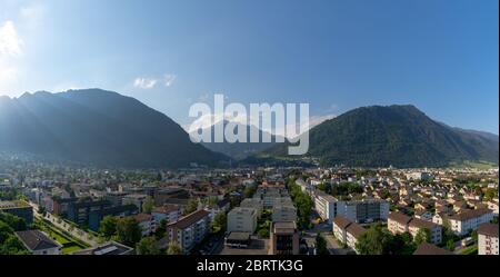 Chur, GR / Switzerland - 18 May 2020: aerial view of the city of Chur in the Swiss Alps on a beautiful spring day Stock Photo