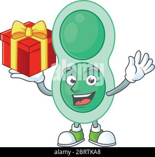 Green streptococcus pneumoniae cartoon mascot concept design with a red box of gift Stock Vector