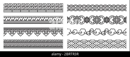 Modern Thai art line seamless border. Old lace patterns. Bold line cute and doodle art use for decoration thai artwork conceptual. Stock Vector