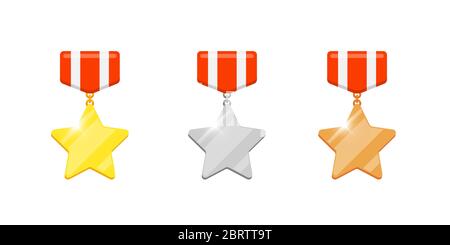 Gold silver bronze medal star reward set for video game or apps animation. First second third place bonus achievement award. Winner trophy isolated flat eps vector illustration Stock Vector