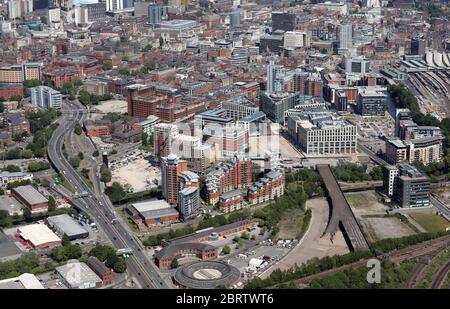 aerial view of Leeds city centre from the west, with the A58(M) inner ring road on the left of shot Stock Photo
