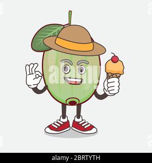 An illustration of Ogeechee Lime cartoon mascot character holding ice cream Stock Vector