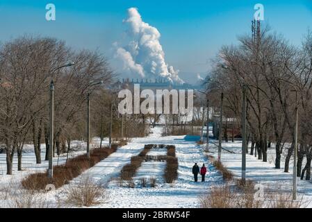 Magnitogorsk Metallurgical Plant view. Plant with pipes and smoke. Panorama of magnitogorsk industrial complex. Emissions of air pollutants. Stock Photo