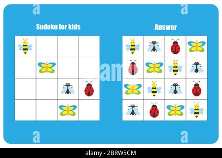 Sudoku game with insects for children, easy level, education game for kids, preschool worksheet activity, task for the development of logical thinking Stock Vector