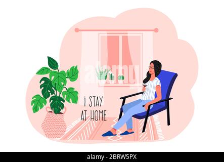 Stay at home. Girl sitting on a chair in the home interior. Vector flat illustration. Stock Vector