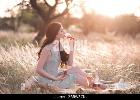 Stylish woman drinking wine with strawberry siting in field with picnic outdoor at sunset. French style. 20s. Holiday season. Stock Photo