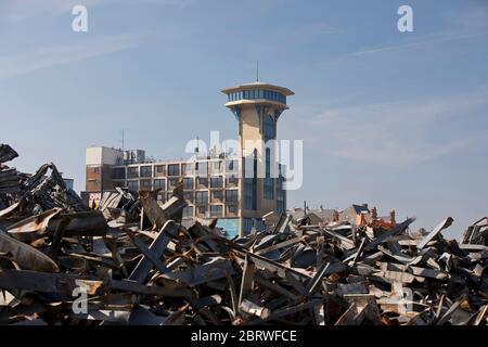 20th May 2020. Great Yarmouth, UK. The Oasis Hotel viewing tower overlooking a scene of devastation as the demolition of Great Yarmouth's Marina Centre nears completion.  As well as being a popular local facility the centre had also been a primary tourist attraction on the resort's golden mile since the 1980s. A new £26m leisure complex will take it's place in the Autumn of 2021. Stock Photo