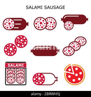 Salami sausage vector color icons set, salami meat slice, salami pizza - food design Stock Vector