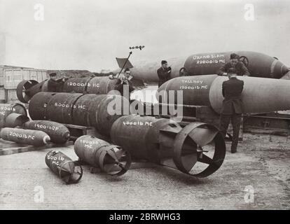 Vintage World War II photograph - range of bombs ordnance dropped by bombers of the RAF Stock Photo